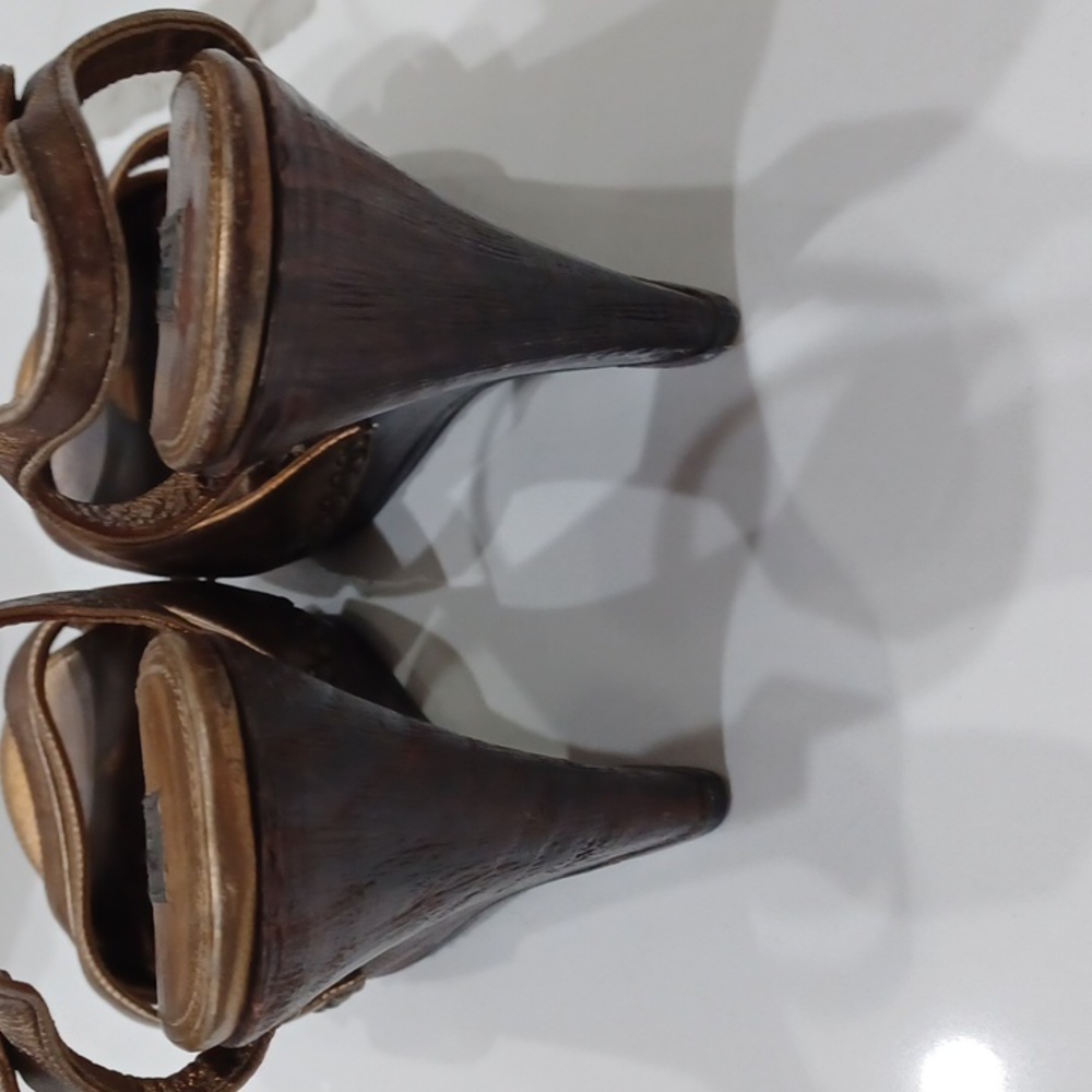 Prada Gold/Bronze Metallic Wooden Wedge Heels EU 37 - Picture 10 of 13